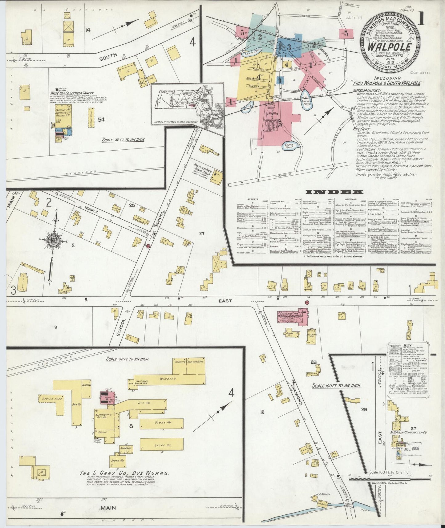 Sanborn Fire Insurance Map from Walpole, Norfolk County, Massachusetts (1918), Sheet #0001 - Historic Sanborn Fire Insurance Map Print, vintage old map wall art, antique decor, genealogy gift, Massachusetts Massachusetts map