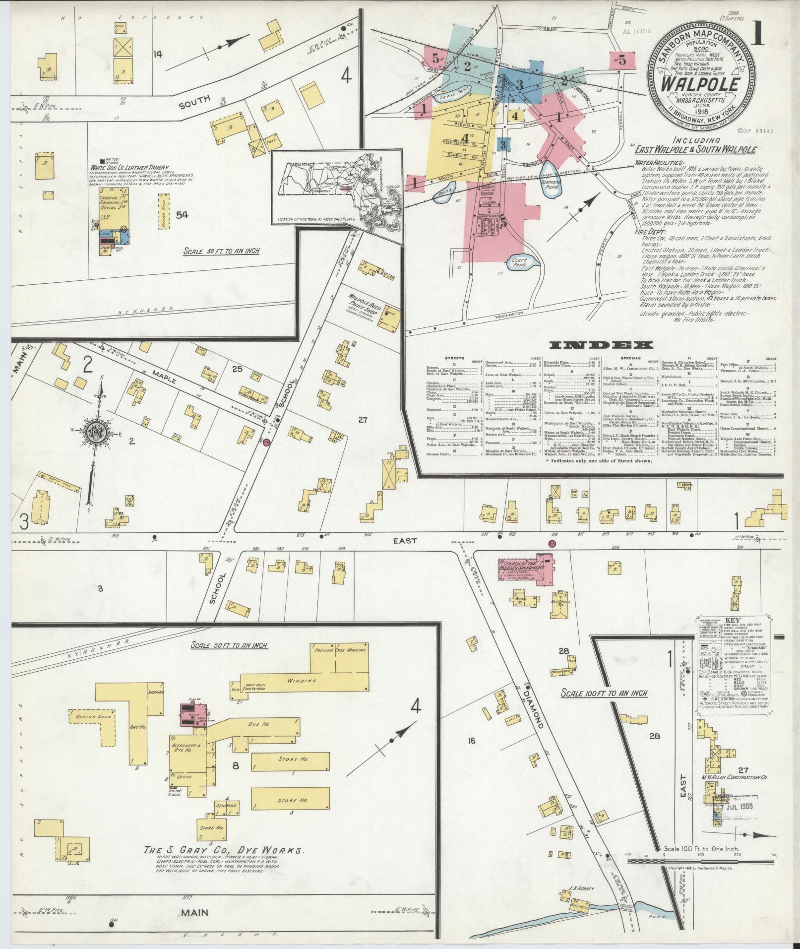 Sanborn Fire Insurance Map from Walpole, Norfolk County, Massachusetts (1918), Sheet #0001 - Historic Sanborn Fire Insurance Map Print, vintage old map wall art, antique decor, genealogy gift, Massachusetts Massachusetts map