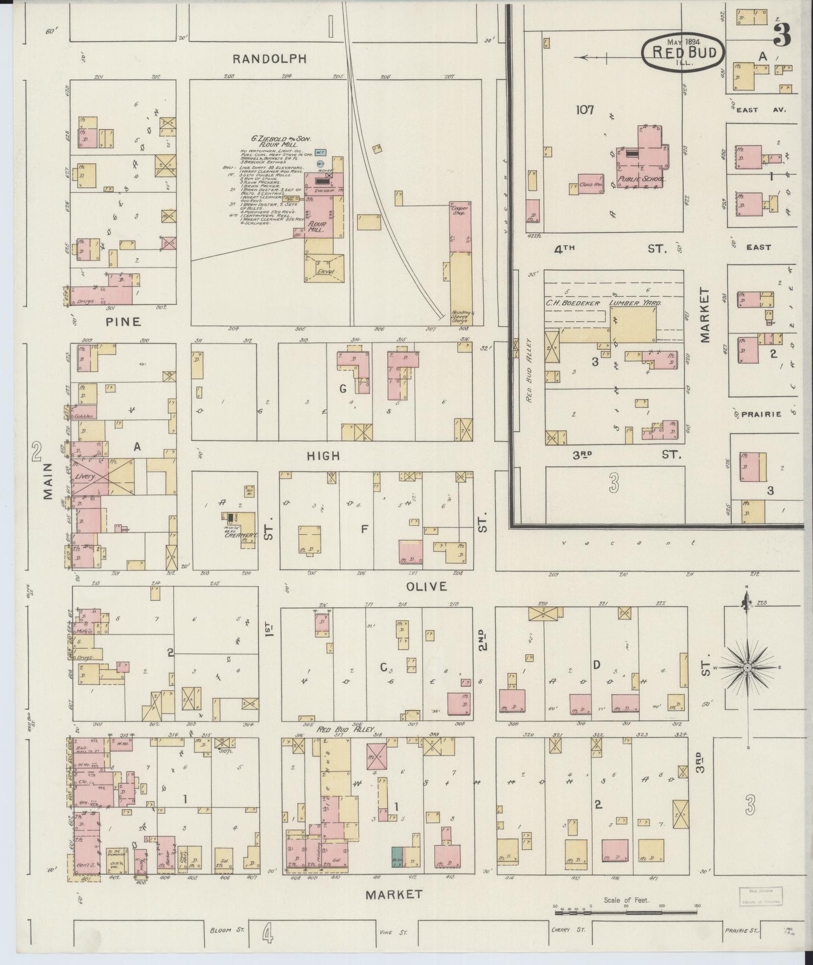 Sanborn Fire Insurance Map from Red Bud, Randolph County, Illinois (1894), Sheet #0003 - Complete Map Set gallery image, historic Sanborn map, vintage wall art, Illinois Illinois