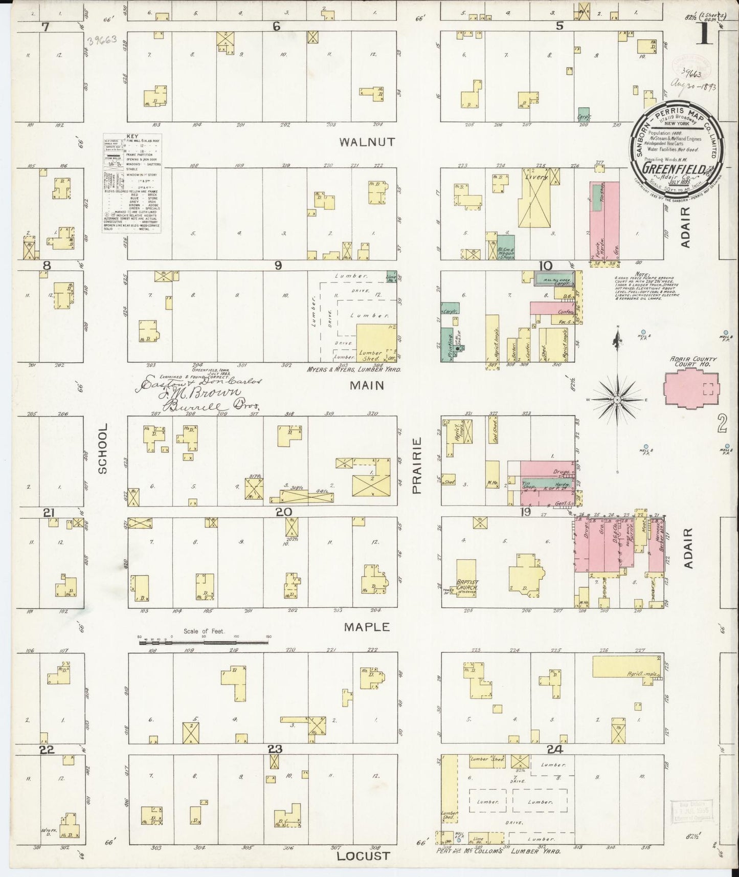 Sanborn Fire Insurance Map from Greenfield, Adair County, Iowa (1893), Sheet #0001 - Historic Sanborn Fire Insurance Map Print, vintage old map wall art