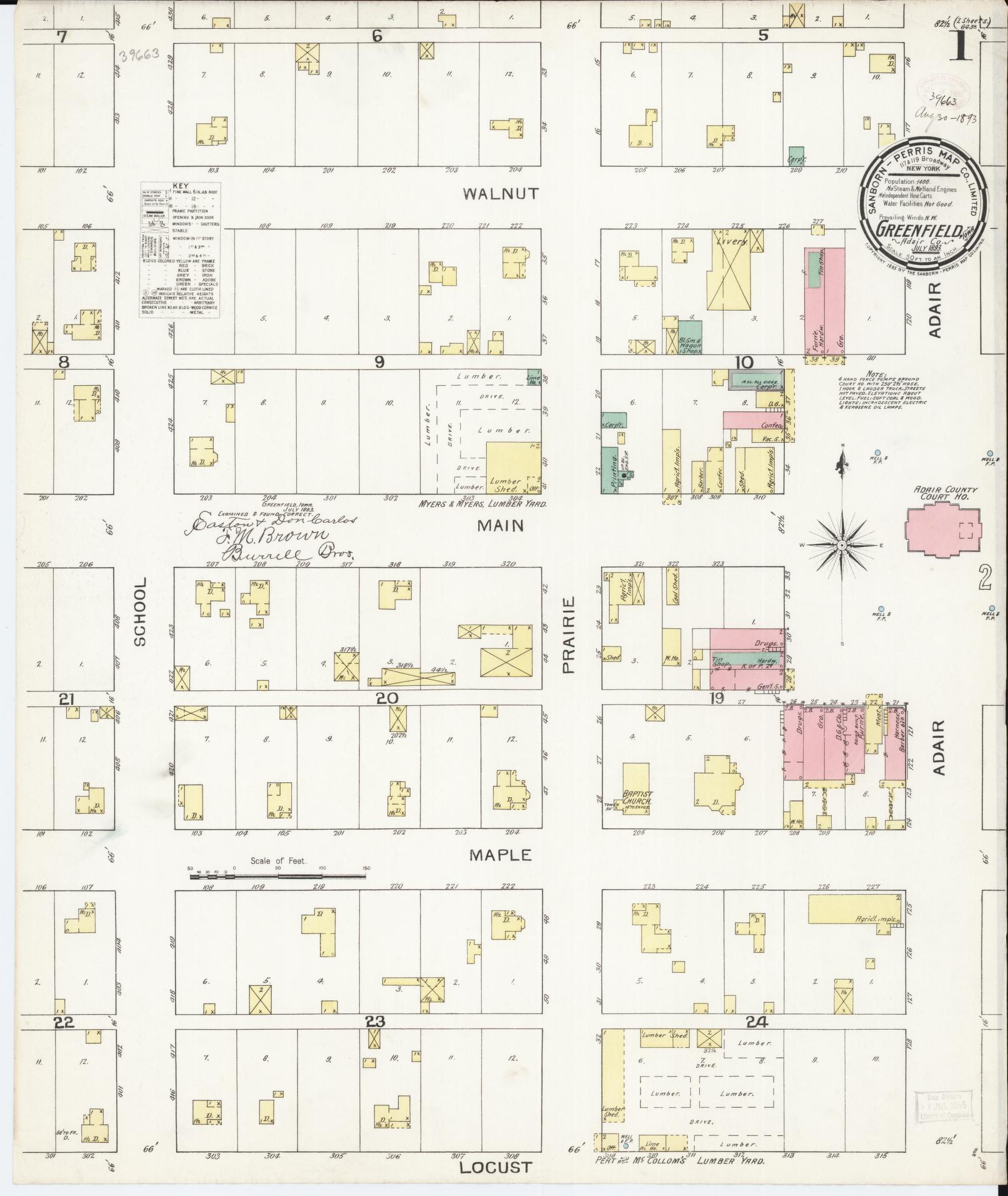 Sanborn Fire Insurance Map from Greenfield, Adair County, Iowa (1893), Sheet #0001 - Historic Sanborn Fire Insurance Map Print, vintage old map wall art