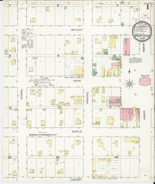 Sanborn Fire Insurance Map from Greenfield, Adair County, Iowa (1893), Sheet #0001 - Historic Sanborn Fire Insurance Map Print, vintage old map wall art