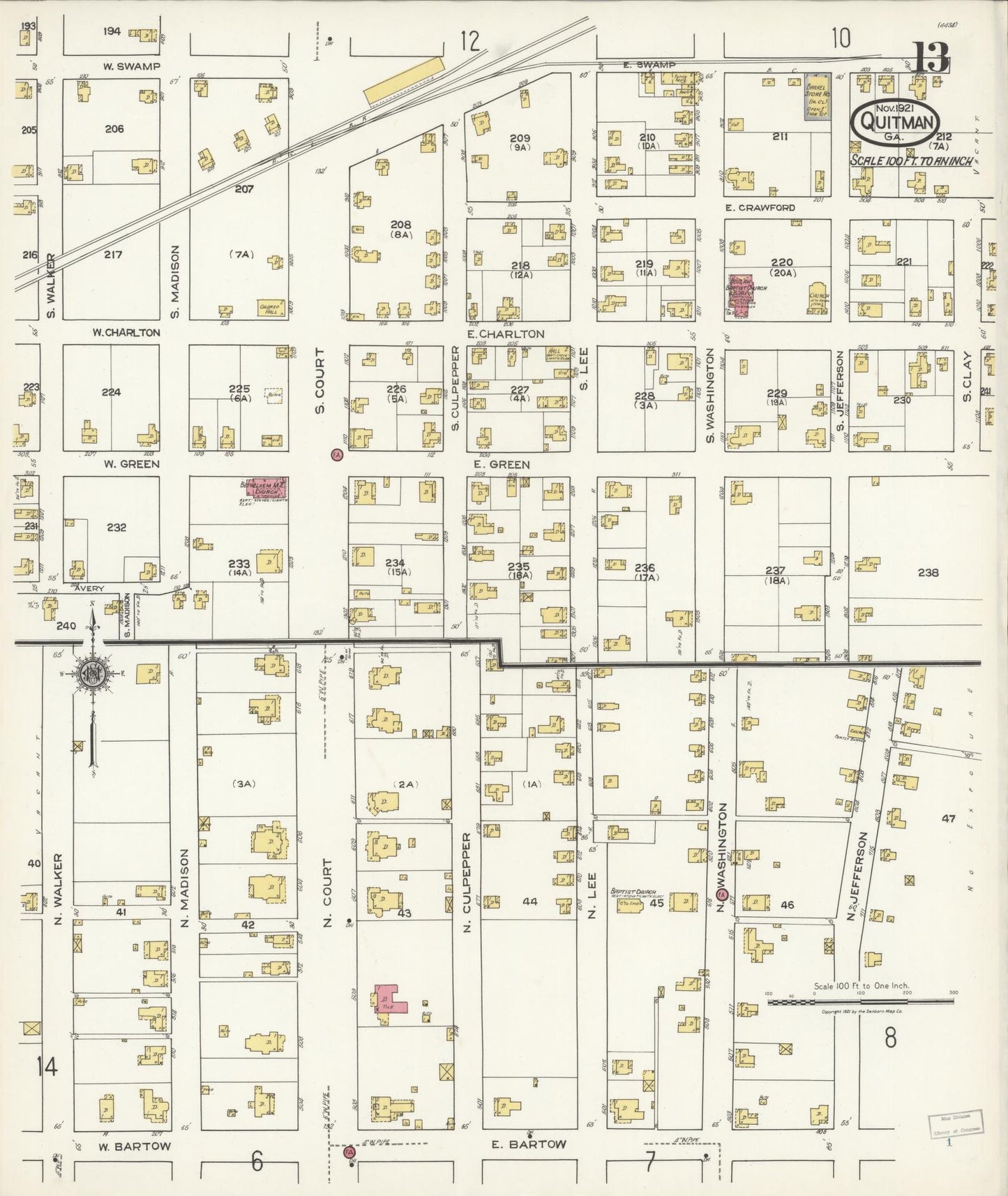 Sanborn Fire Insurance Map from Quitman, Brooks County, Georgia (1921), Sheet #0013 - Complete Map Set gallery image, historic Sanborn map, vintage wall art, Georgia Georgia