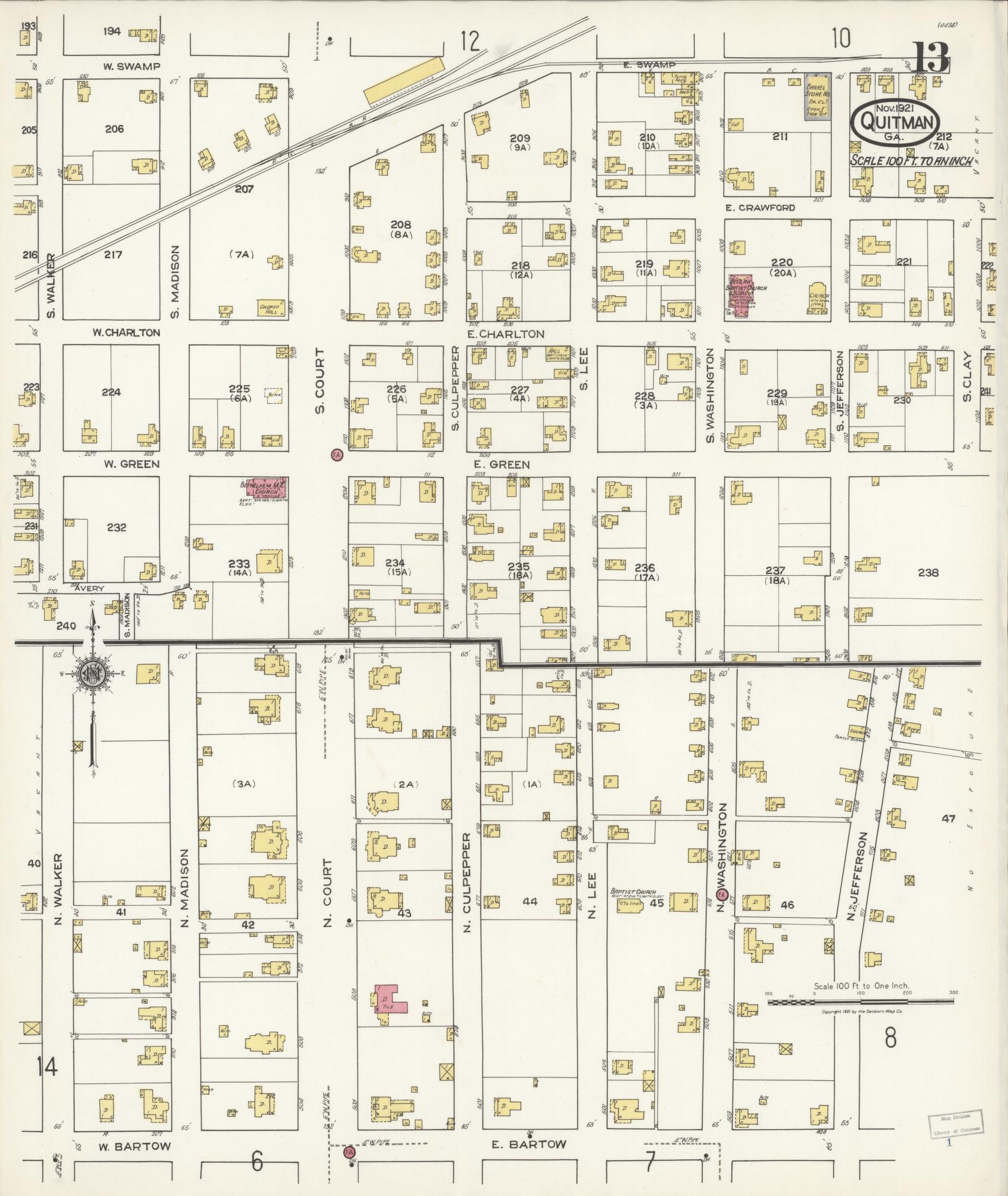 Sanborn Fire Insurance Map from Quitman, Brooks County, Georgia (1921), Sheet #0013 - Complete Map Set gallery image, historic Sanborn map, vintage wall art, Georgia Georgia