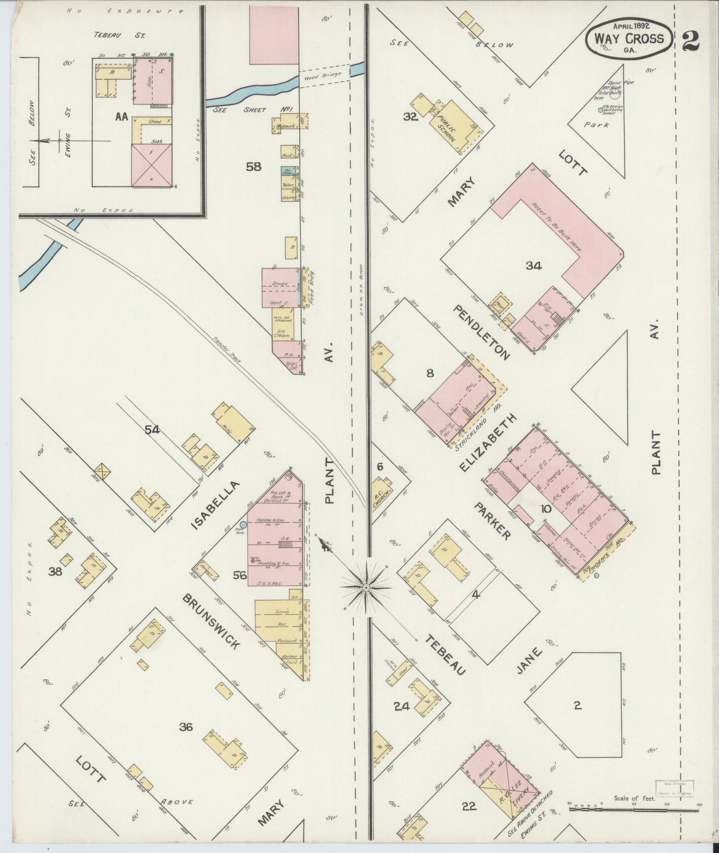 Sanborn Fire Insurance Map from Waycross, Ware County, Georgia (1892), Sheet #0002 - Historic Sanborn Fire Insurance Map Print, vintage old map wall art, antique decor, genealogy gift, Georgia Georgia map