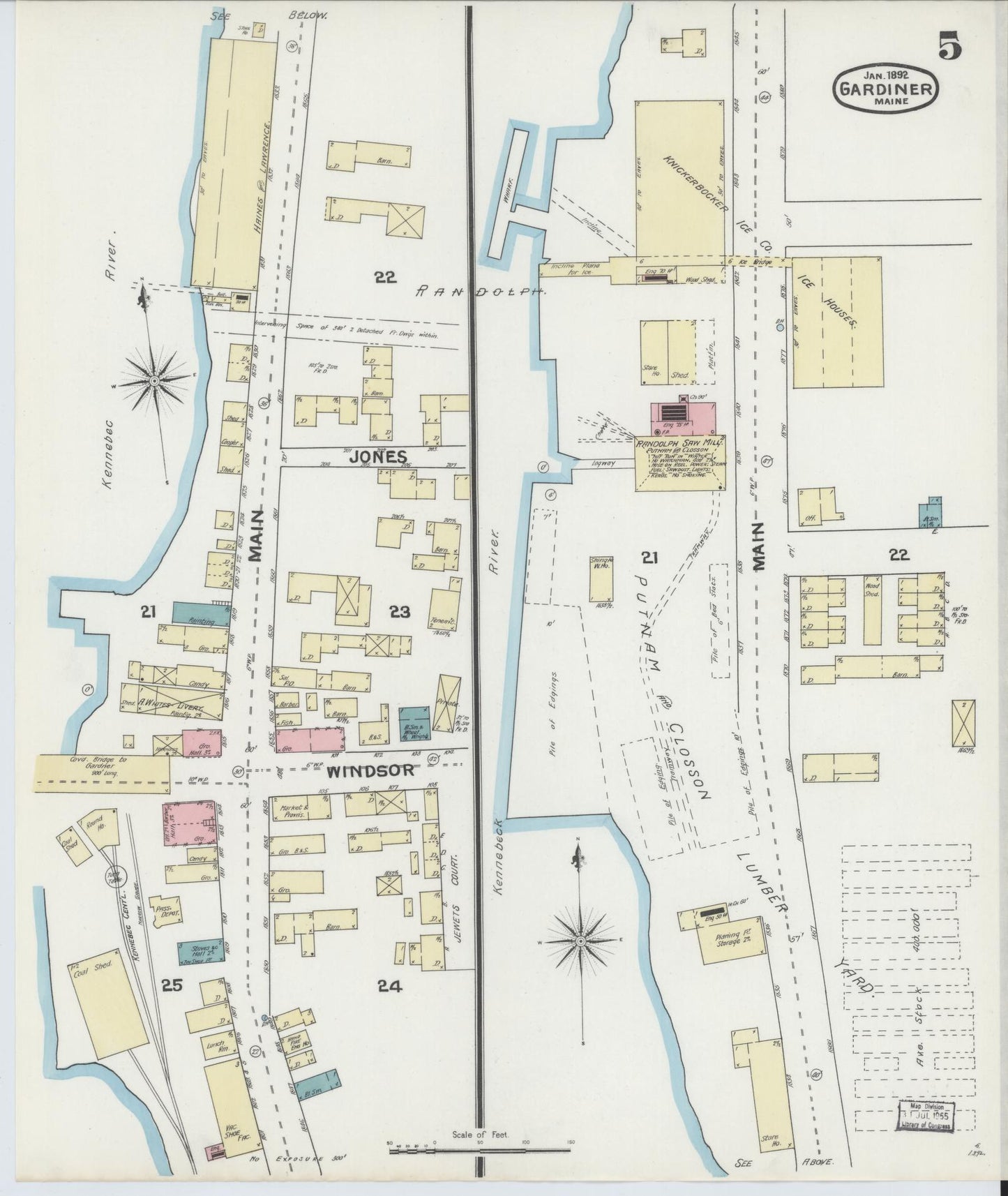Sanborn Fire Insurance Map from Gardiner, Kennebec County, Maine (1892), Sheet #0005 - Complete Map Set gallery image, historic Sanborn map, vintage wall art, Maine Maine