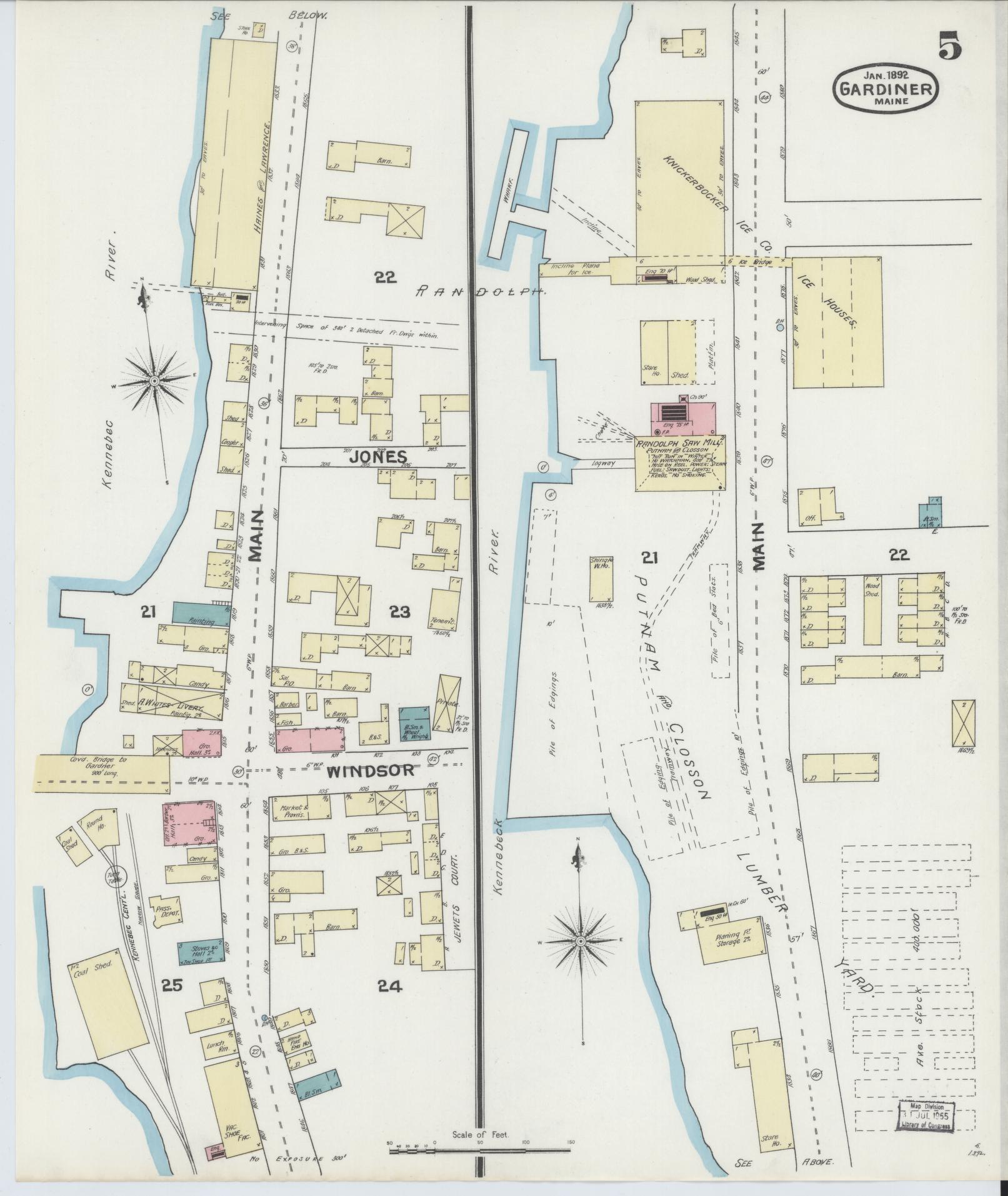Sanborn Fire Insurance Map from Gardiner, Kennebec County, Maine (1892), Sheet #0005 - Complete Map Set gallery image, historic Sanborn map, vintage wall art, Maine Maine