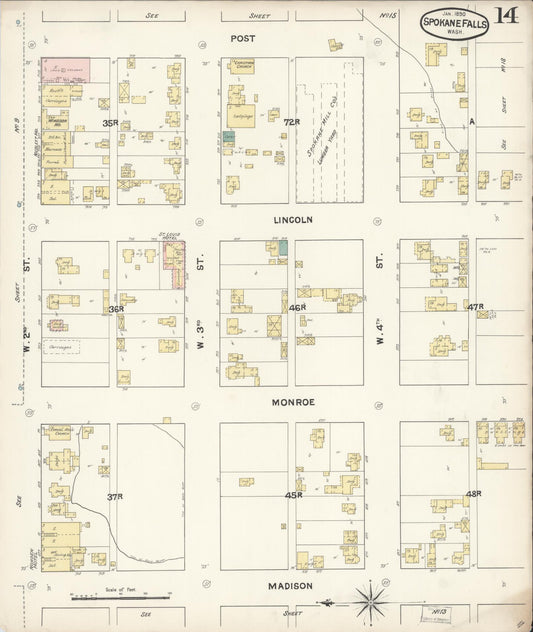 Sanborn Fire Insurance Map from Spokane, Spokane County, Washington (1890), Sheet #0014 - Historic Sanborn Fire Insurance Map Print, vintage old map wall art, antique decor, genealogy gift, Washington Washington map