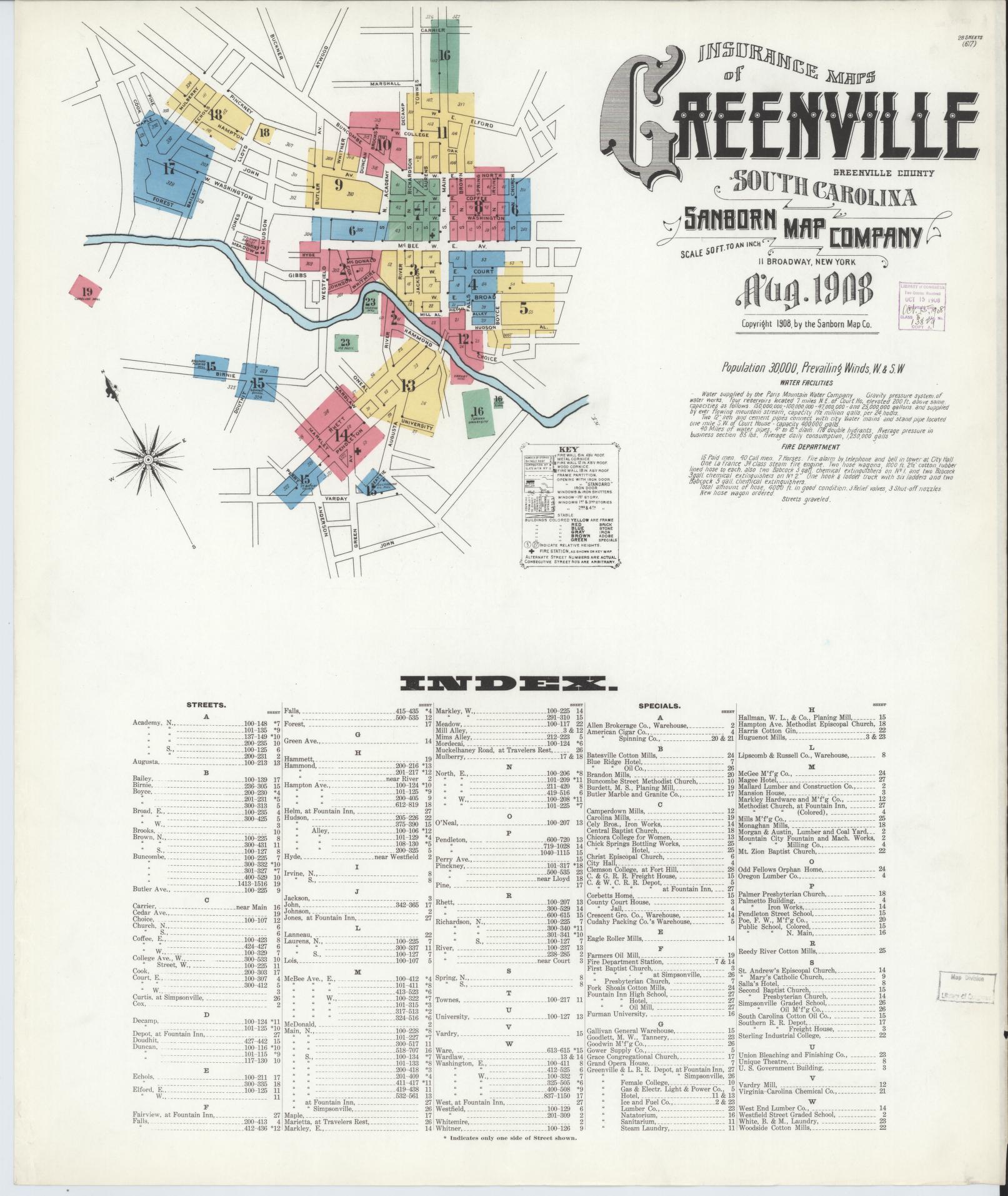 Sanborn Fire Insurance Map from Greenville, Greenville County, South Carolina (1908), Sheet #0001 - Complete Map Set gallery image, historic Sanborn map, vintage wall art, South Carolina South Carolina