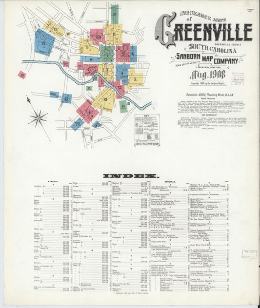 Sanborn Fire Insurance Map from Greenville, Greenville County, South Carolina (1908), Sheet #0001 - Complete Map Set gallery image, historic Sanborn map, vintage wall art, South Carolina South Carolina