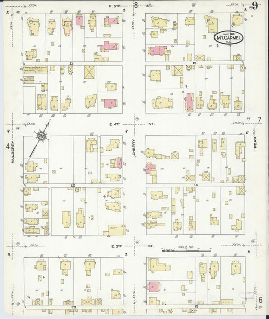 Sanborn Fire Insurance Map from Mount Carmel, Wabash County, Illinois (1910), Sheet #0009 - Historic Sanborn Fire Insurance Map Print, vintage old map wall art, antique decor, genealogy gift, Illinois Illinois map