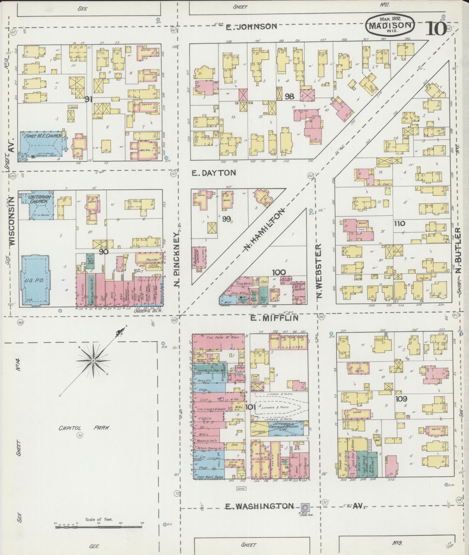 Sanborn Fire Insurance Map from Madison, Dane County, Wisconsin (1892), Sheet #0010 - Complete Map Set gallery image, historic Sanborn map, vintage wall art, Wisconsin Wisconsin