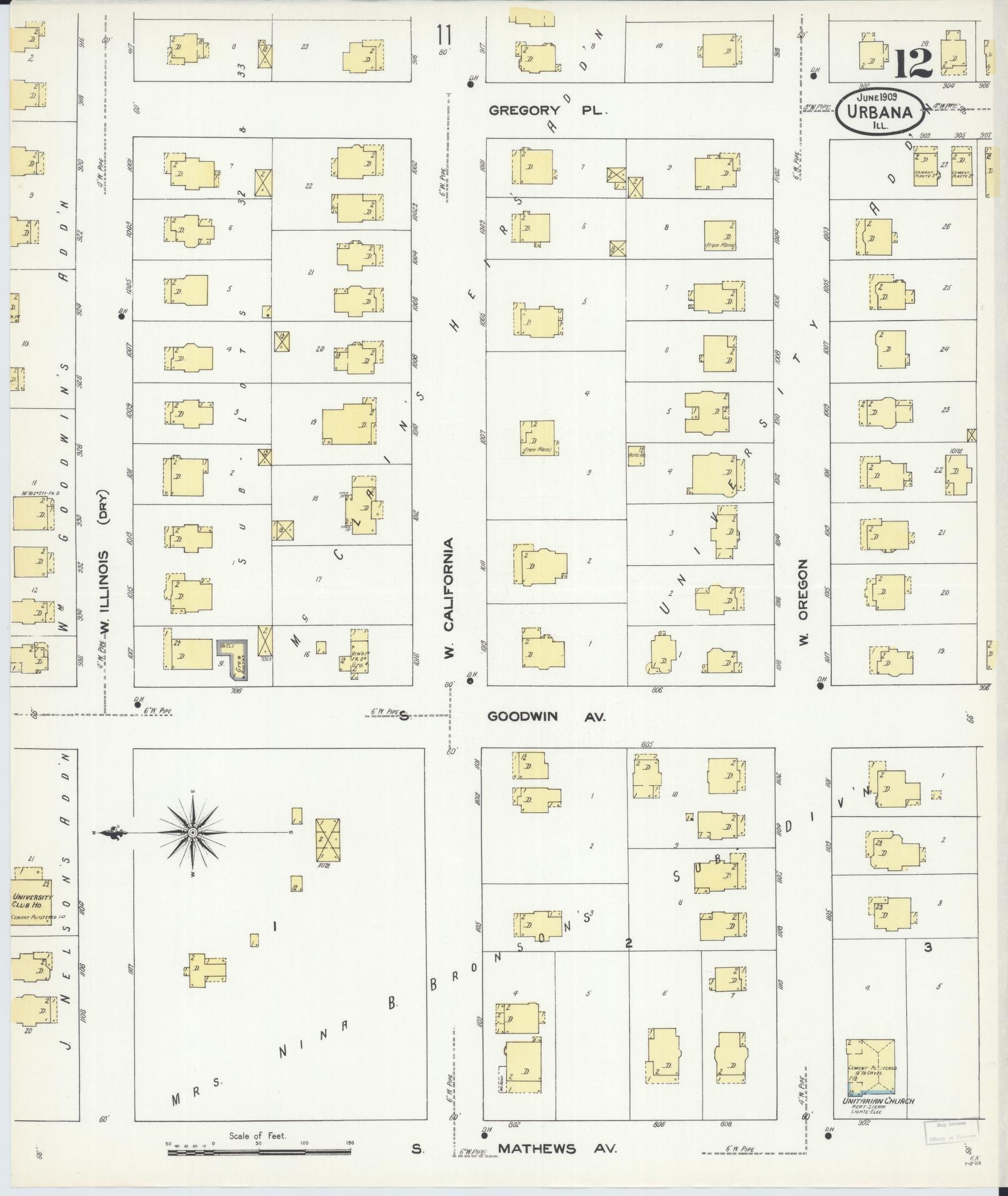 Sanborn Fire Insurance Map from Urbana, Champaign County, Illinois (1909), Sheet #0012 - Complete Map Set gallery image, historic Sanborn map, vintage wall art, Illinois Illinois