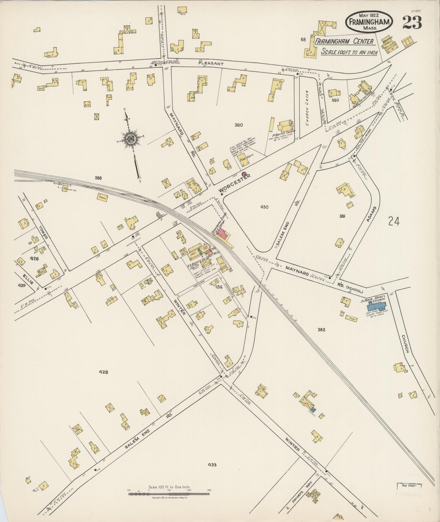 Sanborn Fire Insurance Map from Framingham, Middlesex County, Massachusetts (1922), Sheet #0023 - Historic Sanborn Fire Insurance Map Print, vintage old map wall art, antique decor, genealogy gift, Massachusetts Massachusetts map