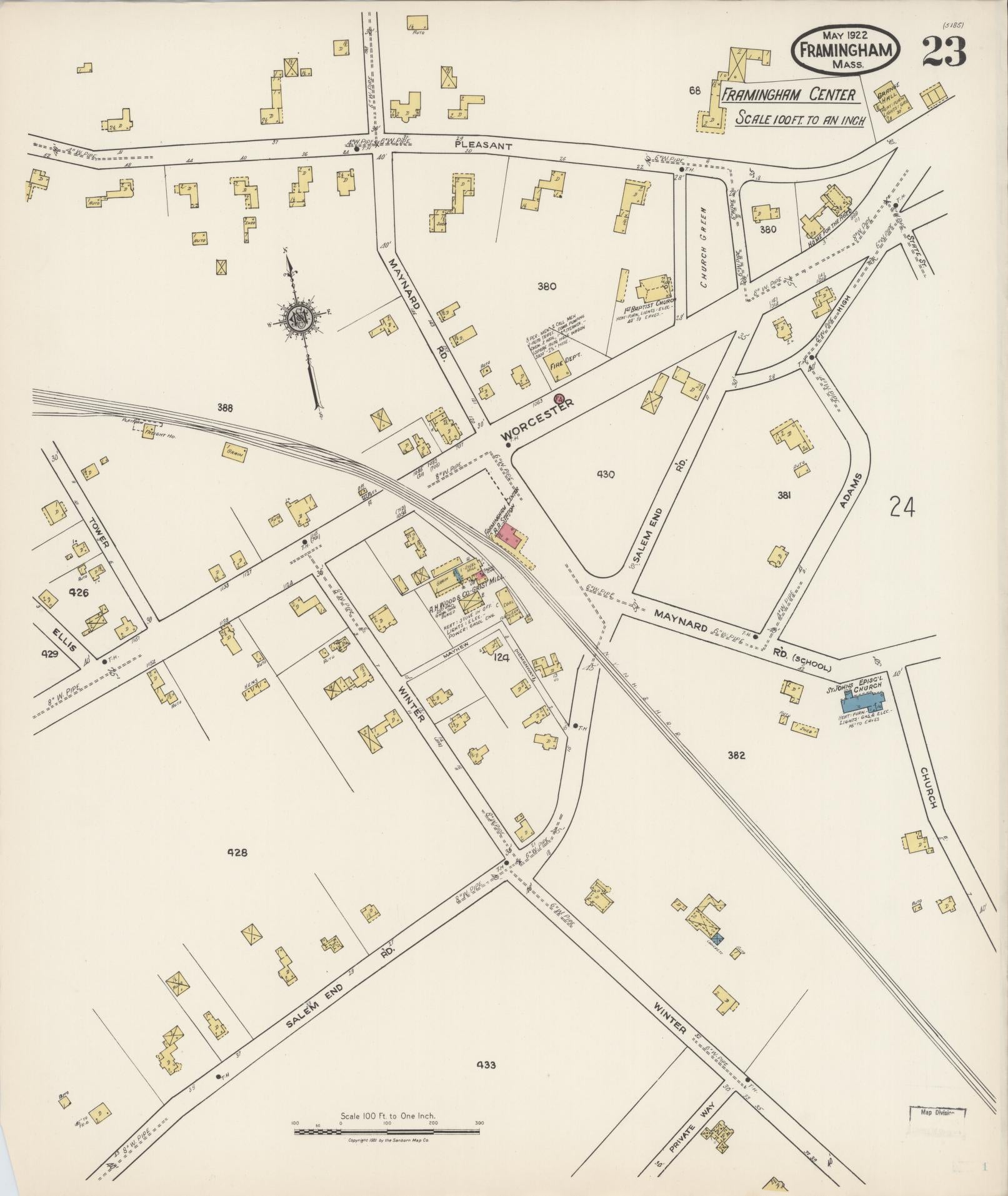 Sanborn Fire Insurance Map from Framingham, Middlesex County, Massachusetts (1922), Sheet #0023 - Historic Sanborn Fire Insurance Map Print, vintage old map wall art, antique decor, genealogy gift, Massachusetts Massachusetts map