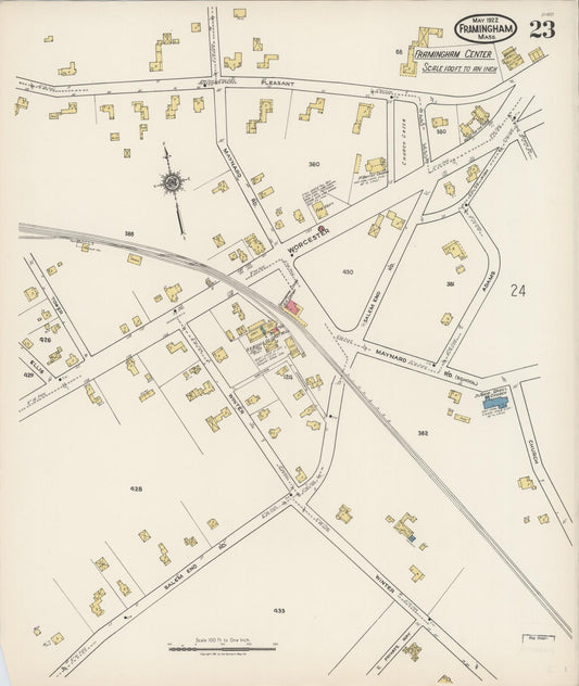 Sanborn Fire Insurance Map from Framingham, Middlesex County, Massachusetts (1922), Sheet #0023 - Historic Sanborn Fire Insurance Map Print, vintage old map wall art, antique decor, genealogy gift, Massachusetts Massachusetts map