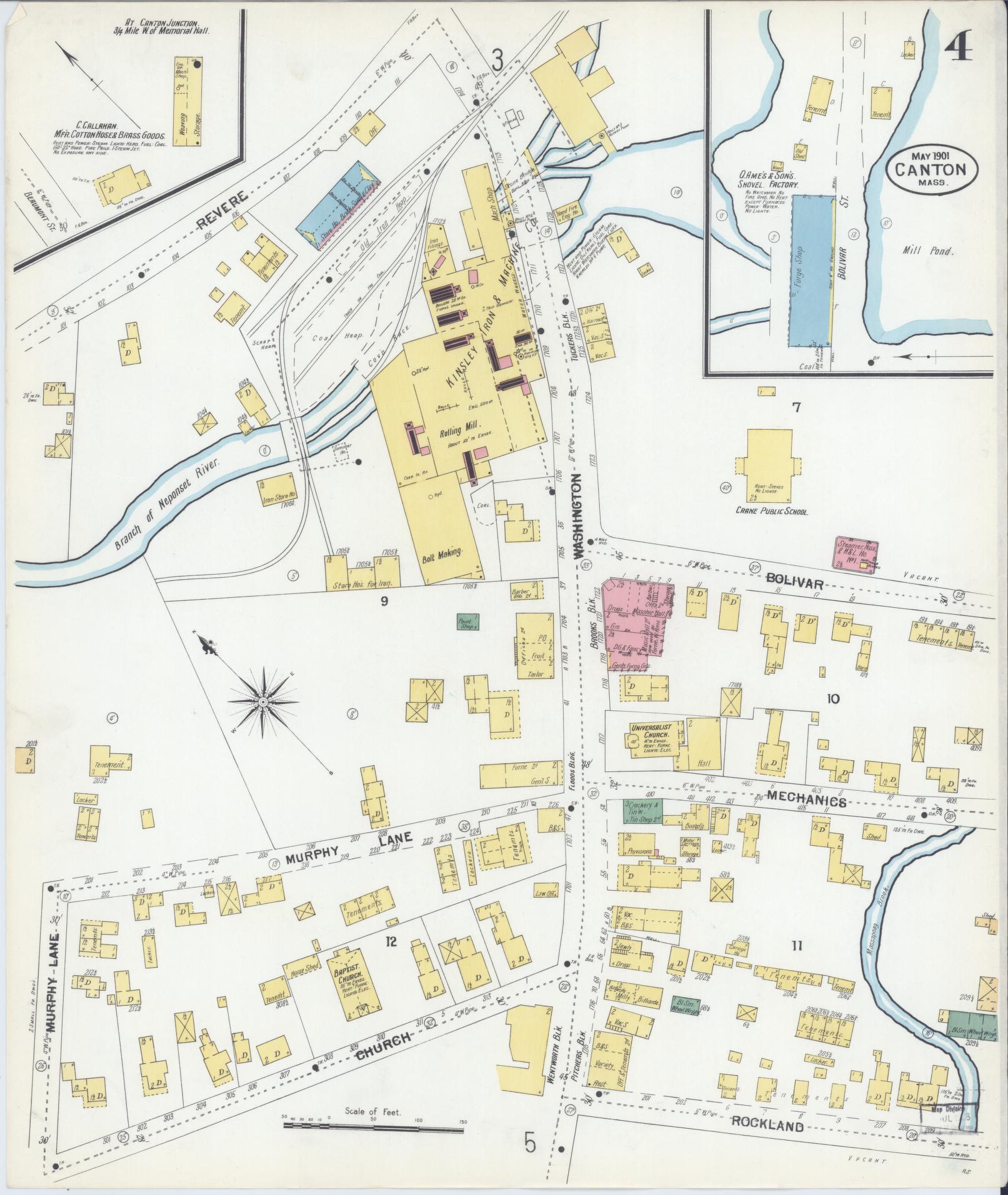 Sanborn Fire Insurance Map from Canton, Norfolk County, Massachusetts (1901), Sheet #0004 - Complete Map Set gallery image, historic Sanborn map, vintage wall art, Massachusetts Massachusetts