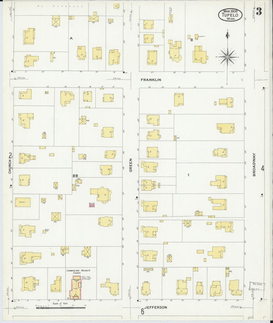 Sanborn Fire Insurance Map from Tupelo, Lee County, Mississippi (1909), Sheet #0003 - Historic Sanborn Fire Insurance Map Print, vintage old map wall art, antique decor, genealogy gift, Mississippi Mississippi map
