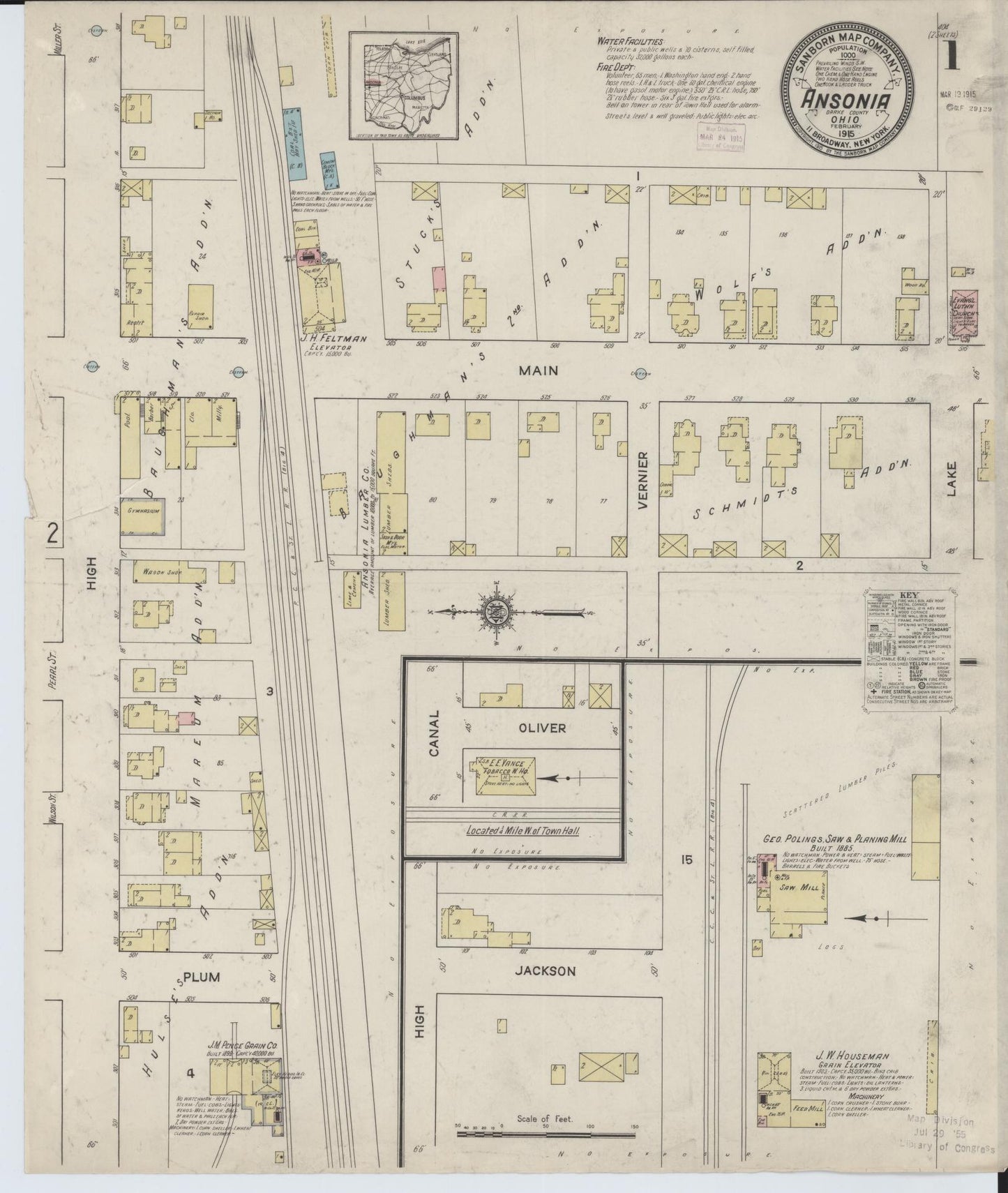 Sanborn Fire Insurance Map from Ansonia, Darke County, Ohio (1915), Sheet #0001 - Historic Sanborn Fire Insurance Map Print, vintage old map wall art, antique decor, genealogy gift, Ohio Ohio map