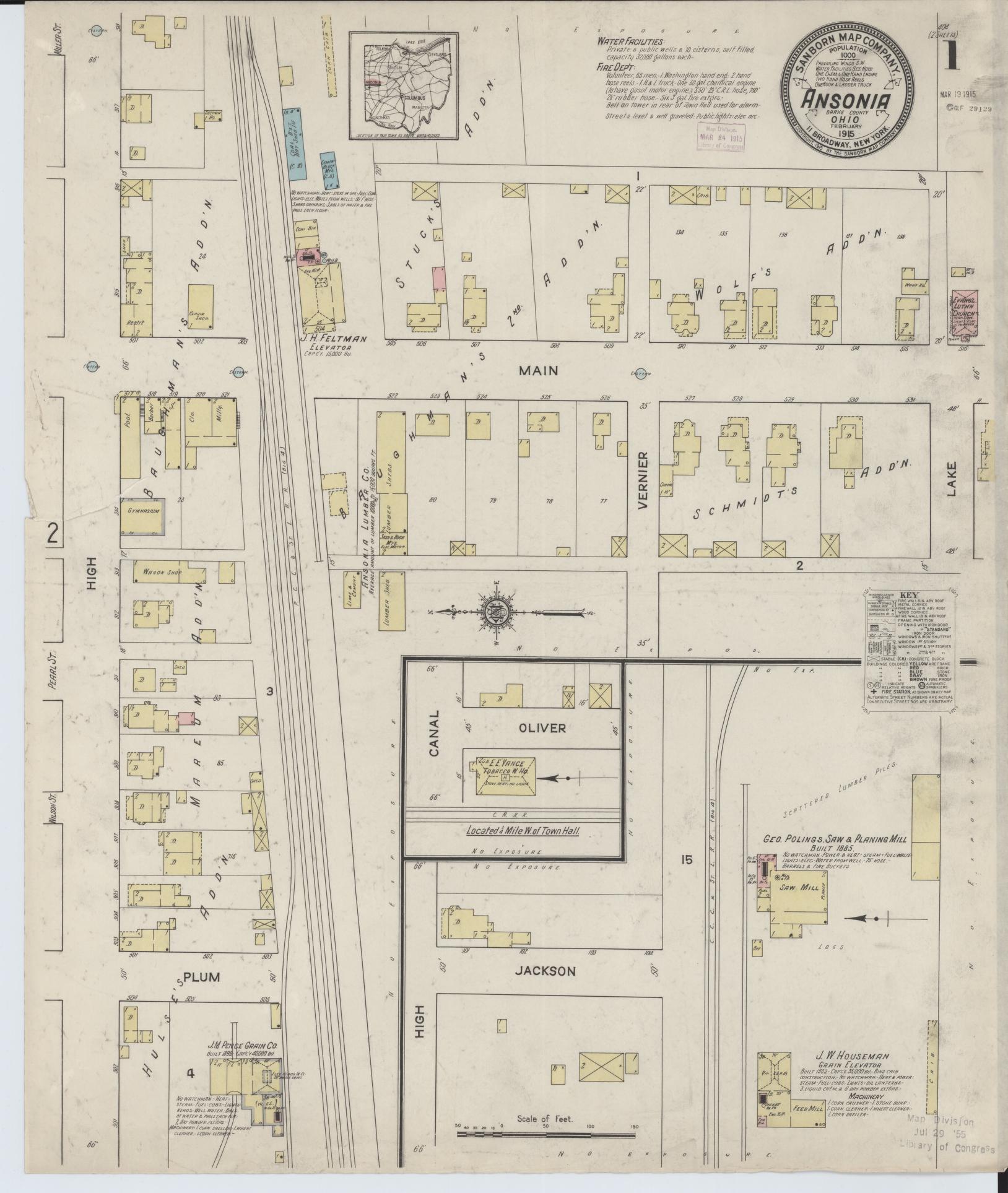 Sanborn Fire Insurance Map from Ansonia, Darke County, Ohio (1915), Sheet #0001 - Historic Sanborn Fire Insurance Map Print, vintage old map wall art, antique decor, genealogy gift, Ohio Ohio map