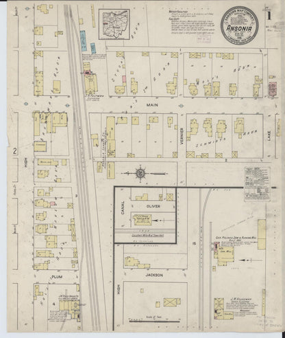 Sanborn Fire Insurance Map from Ansonia, Darke County, Ohio (1915), Sheet #0001 - Historic Sanborn Fire Insurance Map Print, vintage old map wall art, antique decor, genealogy gift, Ohio Ohio map