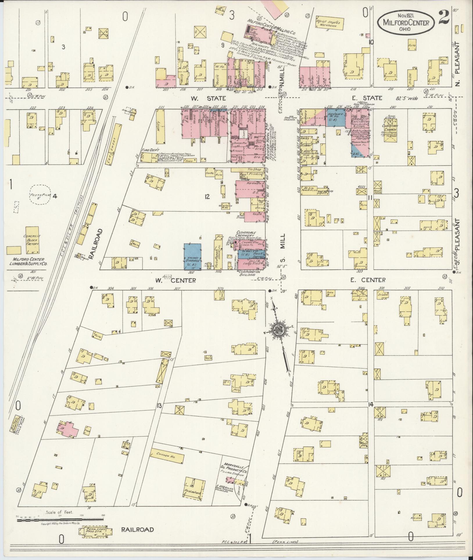 Sanborn Fire Insurance Map from Milford Center, Union County, Ohio (1921), Sheet #0002 - Complete Map Set gallery image, historic Sanborn map, vintage wall art, Ohio Ohio
