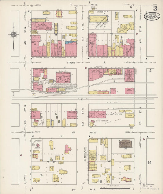 Sanborn Fire Insurance Map from Moorhead, Clay County, Minnesota (1922), Sheet #0003 - Historic Sanborn Fire Insurance Map Print, vintage old map wall art, antique decor, genealogy gift, Minnesota Minnesota map