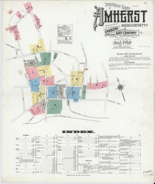 Sanborn Fire Insurance Map from Amherst, Hampshire County, Massachusetts (1910), Sheet #0001 - Historic Sanborn Fire Insurance Map Print, vintage old map wall art, antique decor, genealogy gift, Massachusetts Massachusetts map