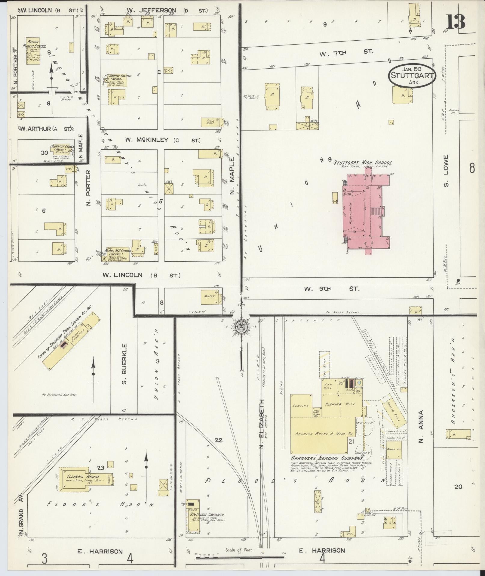 Sanborn Fire Insurance Map from Stuttgart, Arkansas County, Arkansas (1913), Sheet #0013 - Historic Sanborn Fire Insurance Map Print, vintage old map wall art, antique decor, genealogy gift, Stuttgart Arkansas map
