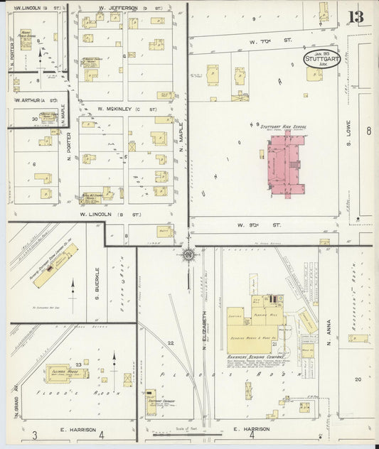 Sanborn Fire Insurance Map from Stuttgart, Arkansas County, Arkansas (1913), Sheet #0013 - Historic Sanborn Fire Insurance Map Print, vintage old map wall art, antique decor, genealogy gift, Stuttgart Arkansas map