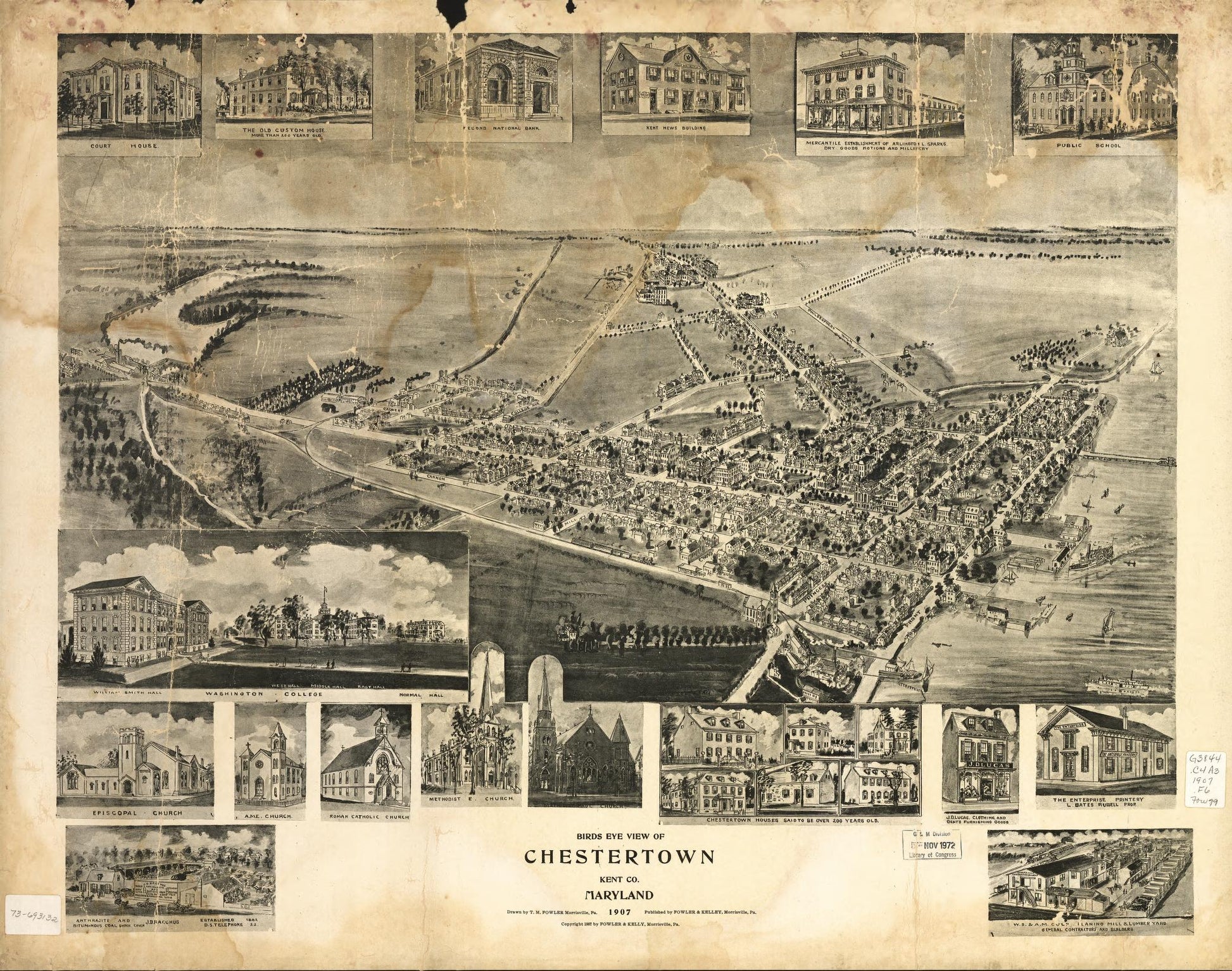 Birds eye view of Chestertown, Kent Co., Maryland 1907. (1907) – Historic Bird’s-Eye View Panorama Print