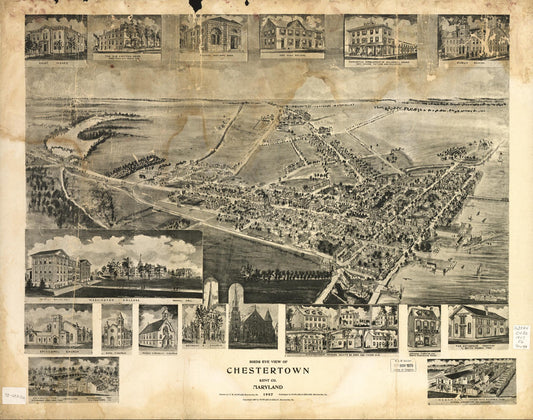Birds eye view of Chestertown, Kent Co., Maryland 1907. (1907) – Historic Bird’s-Eye View Panorama Print