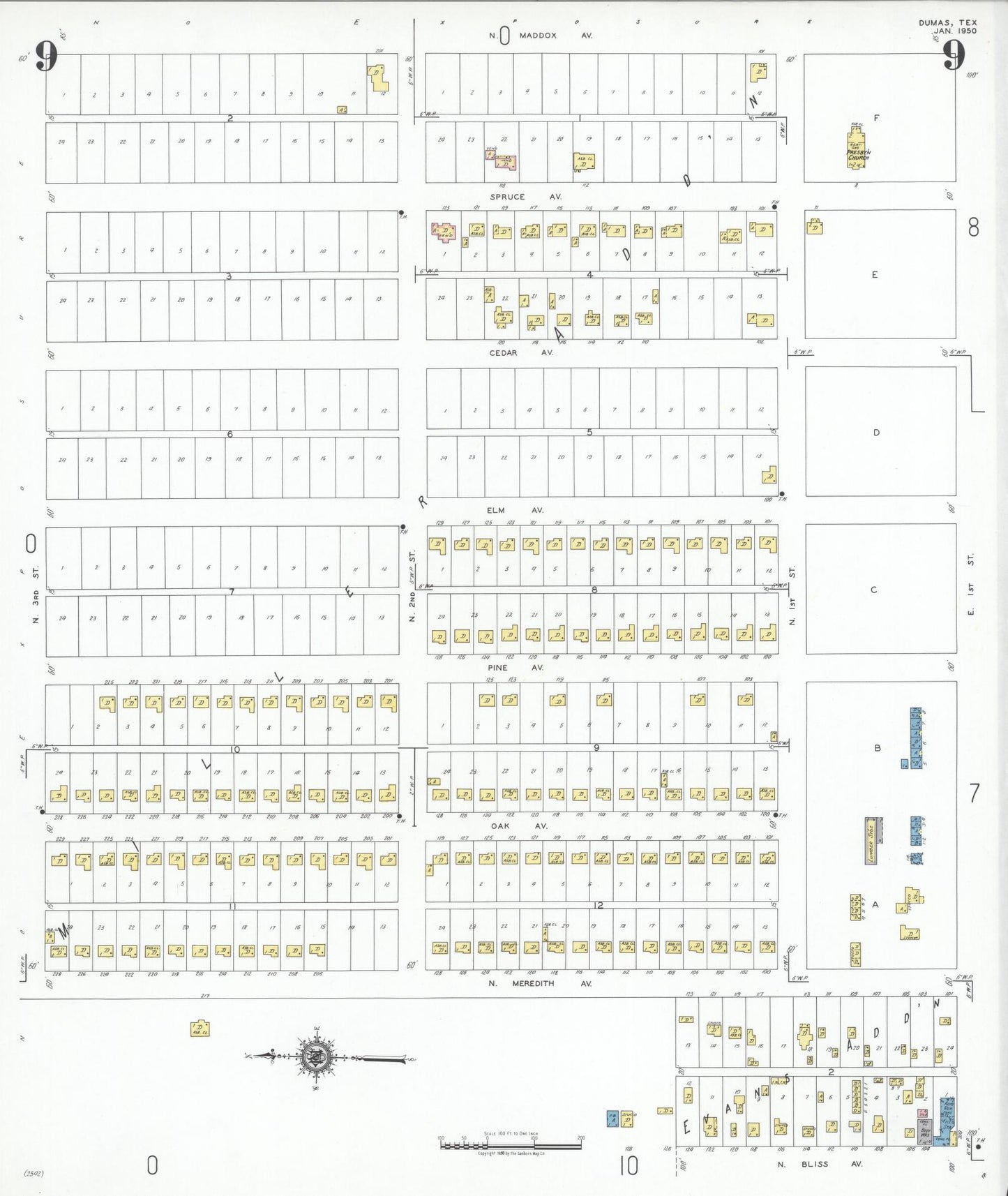 Sanborn Fire Insurance Map from Dumas, Moore County, Texas (1950), Sheet #0009 - Complete Map Set gallery image, historic Sanborn map, vintage wall art, Texas Texas