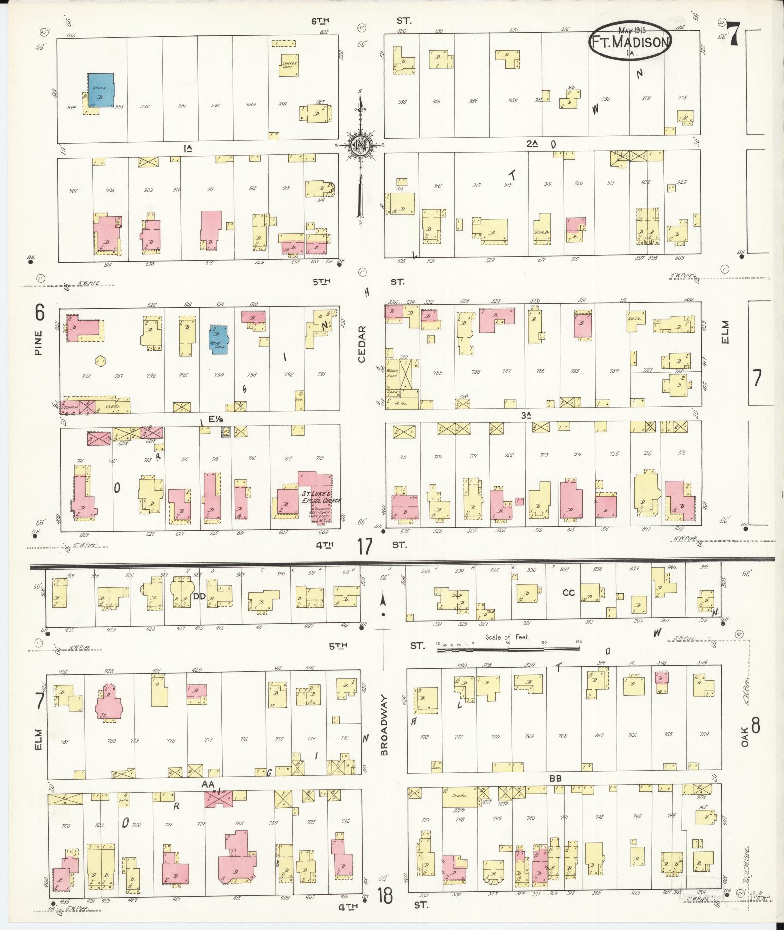 Sanborn Fire Insurance Map from Fort Madison, Lee County, Iowa (1913), Sheet #0007 - Historic Sanborn Fire Insurance Map Print, vintage old map wall art