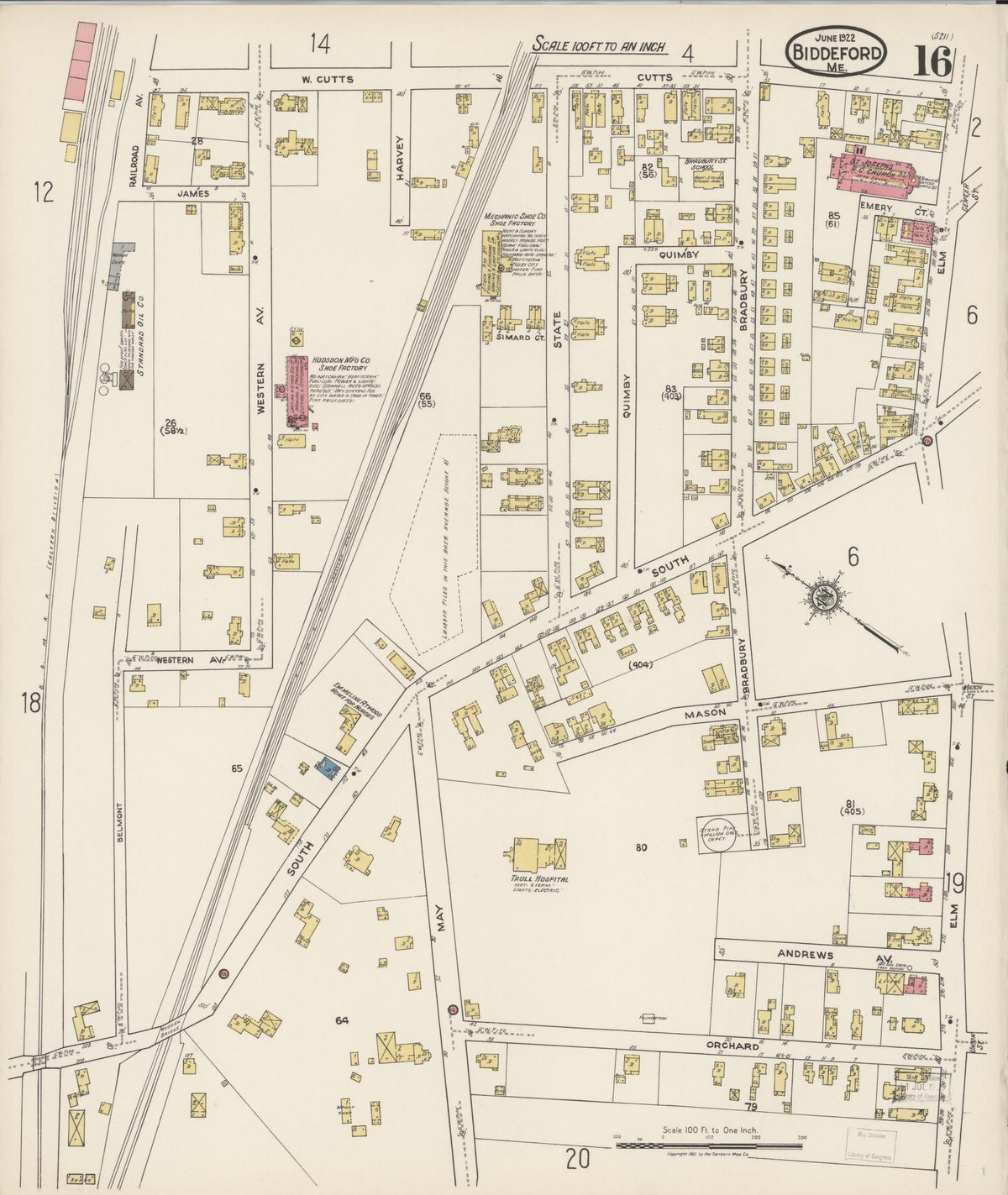 Sanborn Fire Insurance Map from Biddeford, York County, Maine (1922), Sheet #0016 - Historic Sanborn Fire Insurance Map Print, vintage old map wall art, antique decor, genealogy gift, Maine Maine map