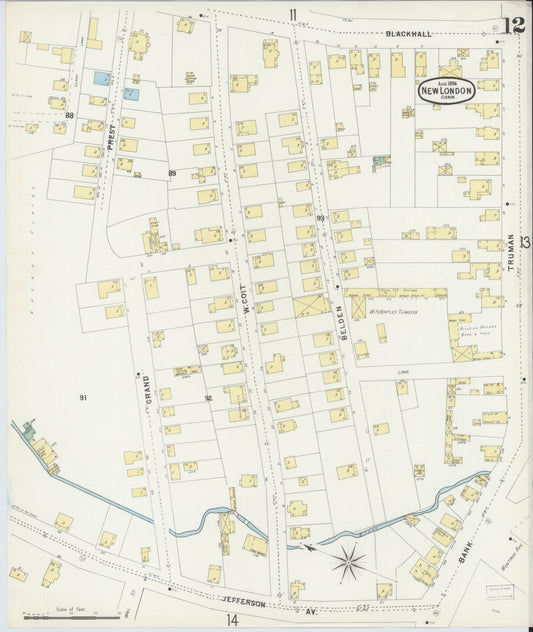 Sanborn Fire Insurance Map from New London, New London County, Connecticut (1896), Sheet #0012 - Historic Sanborn Fire Insurance Map Print, vintage old map wall art, antique decor, genealogy gift, Connecticut Connecticut map