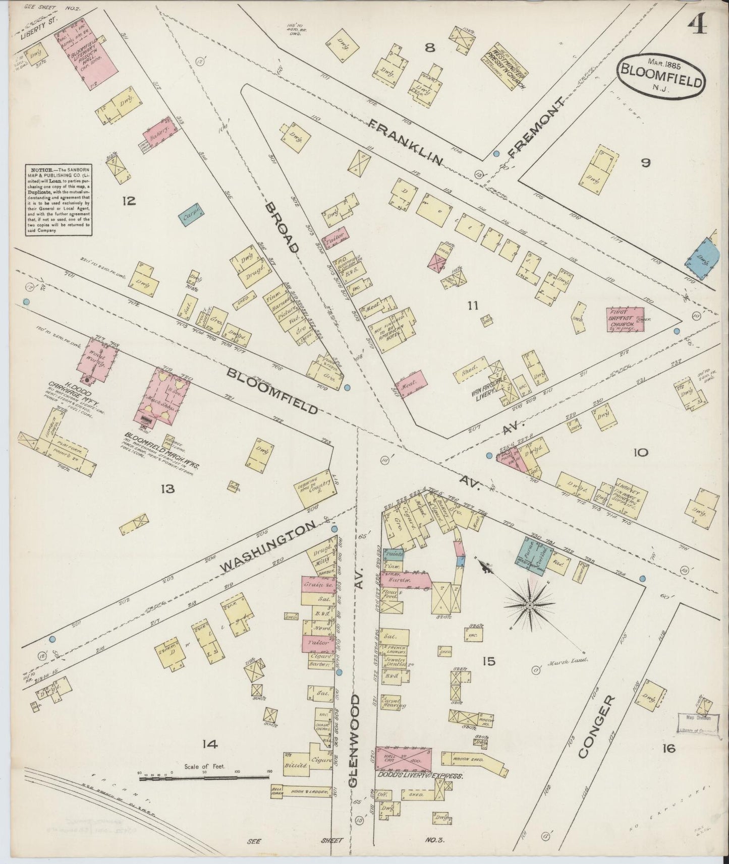 Sanborn Fire Insurance Map from Bloomfield, Essex County, New Jersey (1885), Sheet #0004 - Complete Map Set gallery image, historic Sanborn map, vintage wall art, New Jersey New Jersey