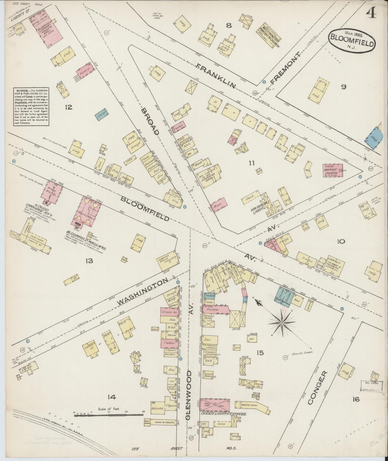 Sanborn Fire Insurance Map from Bloomfield, Essex County, New Jersey (1885), Sheet #0004 - Complete Map Set gallery image, historic Sanborn map, vintage wall art, New Jersey New Jersey