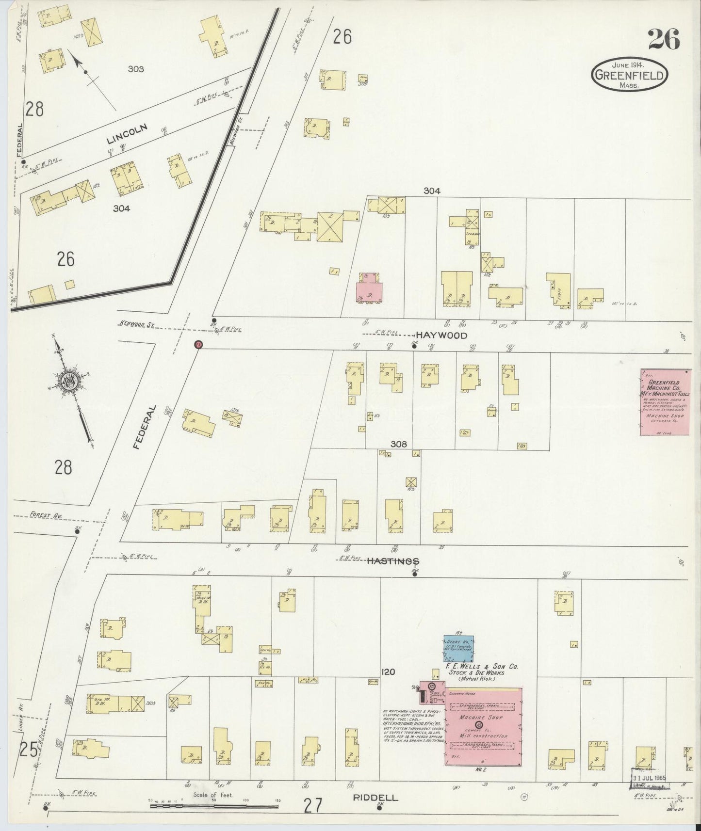 Sanborn Fire Insurance Map from Greenfield, Franklin County, Massachusetts (1914), Sheet #0026 - Historic Sanborn Fire Insurance Map Print, vintage old map wall art, antique decor, genealogy gift, Massachusetts Massachusetts map