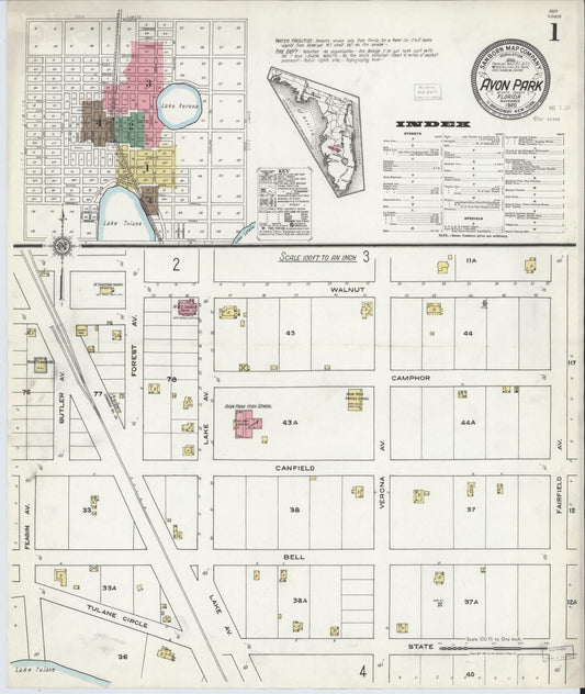 Sanborn Fire Insurance Map from Avon Park, Highlands County, Florida (1920), Sheet #0001 - Historic Sanborn Fire Insurance Map Print, vintage old map wall art, antique decor, genealogy gift, Florida Florida map