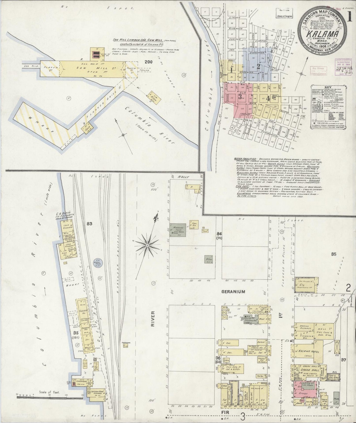 Sanborn Fire Insurance Map from Kalama, Cowlitz County, Washington (1908), Sheet #0001 - Complete Map Set gallery image, historic Sanborn map, vintage wall art, Washington Washington