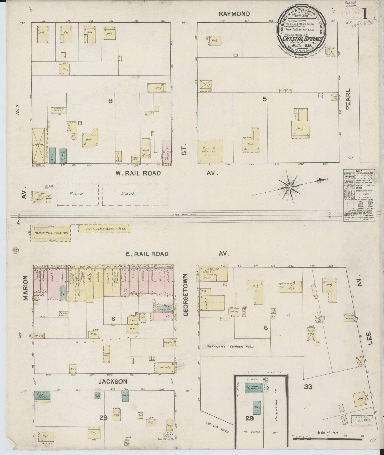 Sanborn Fire Insurance Map from Crystal Springs, Copiah County, Mississippi (1889), Sheet #0001 - Historic Sanborn Fire Insurance Map Print, vintage old map wall art, antique decor, genealogy gift, Mississippi Mississippi map