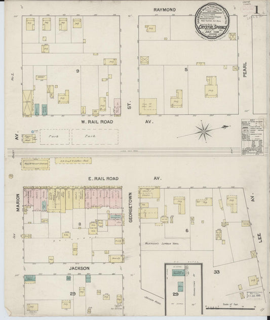 Sanborn Fire Insurance Map from Crystal Springs, Copiah County, Mississippi (1889), Sheet #0001 - Historic Sanborn Fire Insurance Map Print, vintage old map wall art, antique decor, genealogy gift, Mississippi Mississippi map