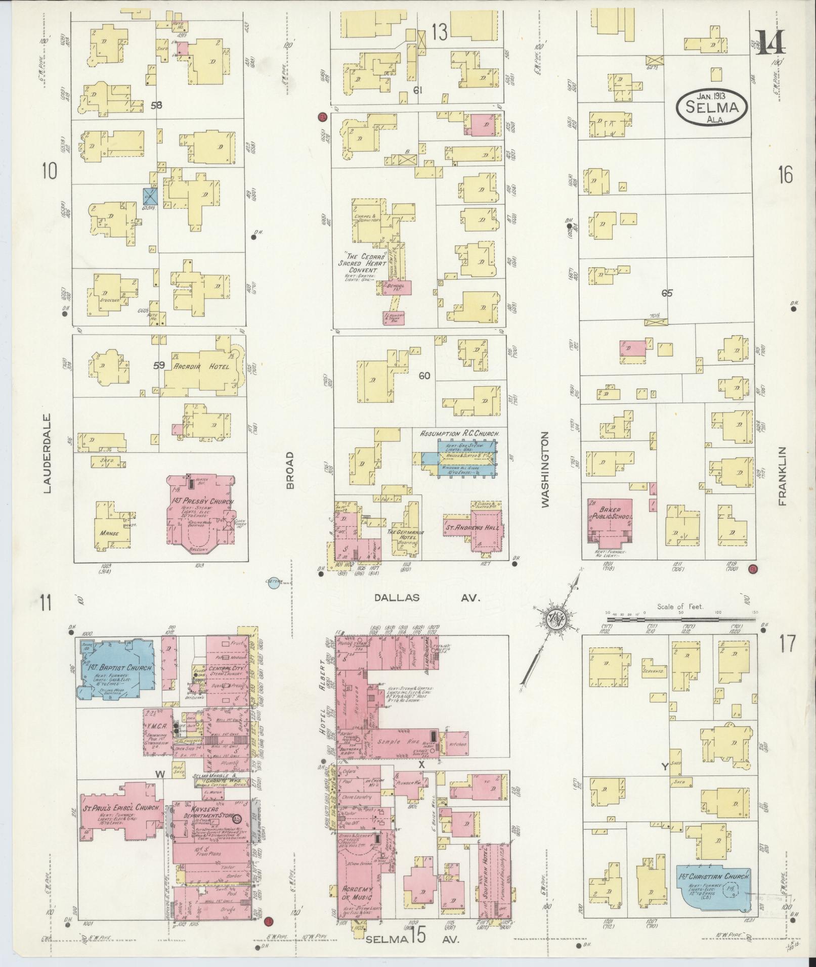 Sanborn Fire Insurance Map from Selma, Dallas County, Alabama (1913), Sheet #0014 - Historic Sanborn Fire Insurance Map Print, vintage old map wall art, antique decor, genealogy gift, Alabama Alabama map