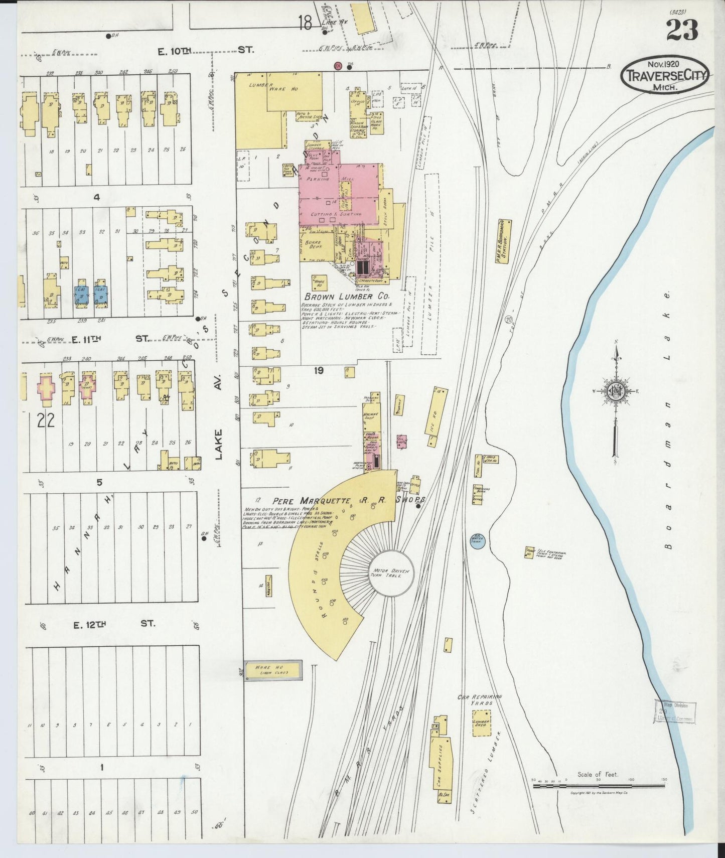 Sanborn Fire Insurance Map from Traverse City, Grand Traverse County, Michigan (1920), Sheet #0023 - Complete Map Set gallery image, historic Sanborn map, vintage wall art, Michigan Michigan