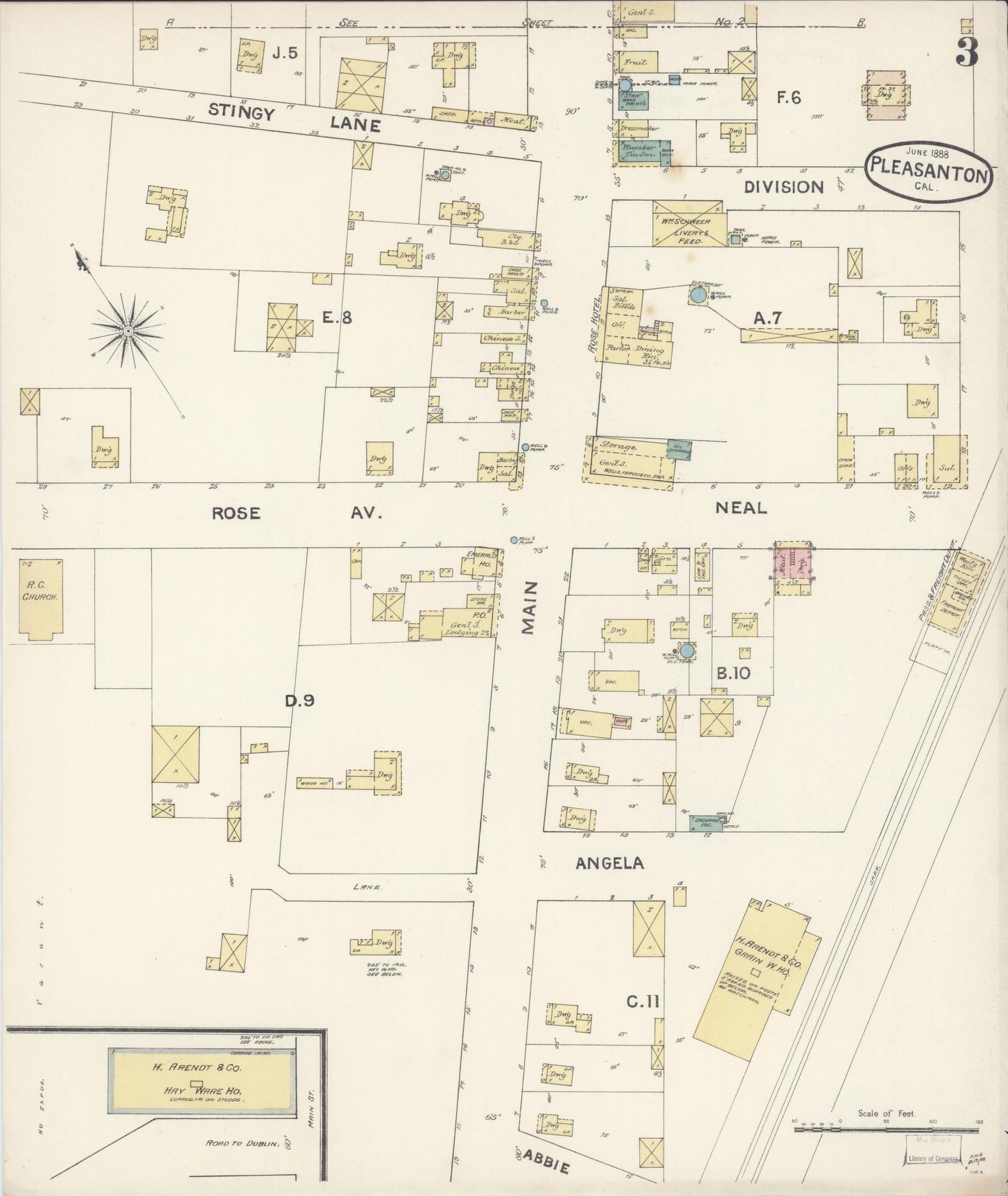Sanborn Fire Insurance Map from Pleasanton, Alameda County, California (1888), Sheet #0003 - Complete Map Set gallery image, historic Sanborn map, vintage wall art, California California