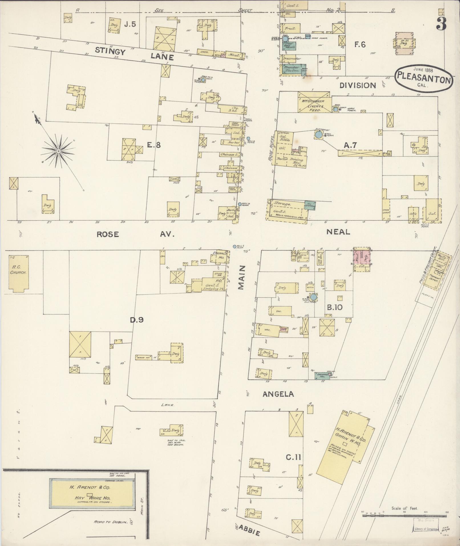 Sanborn Fire Insurance Map from Pleasanton, Alameda County, California (1888), Sheet #0003 - Complete Map Set gallery image, historic Sanborn map, vintage wall art, California California