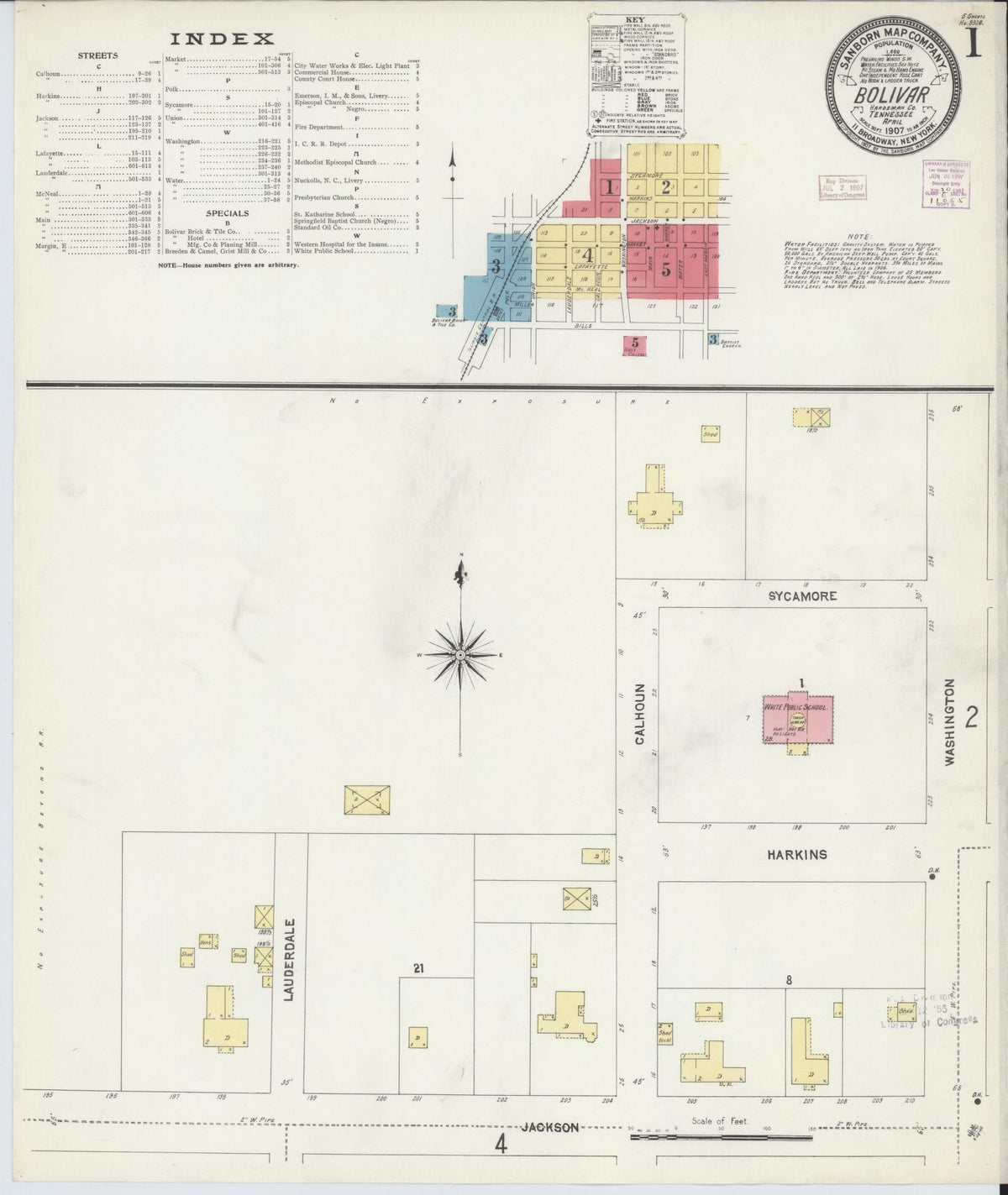 Sanborn Fire Insurance Map from Bolivar, Hardeman County, Tennessee (1907), Sheet #0001 - Historic Sanborn Fire Insurance Map Print, vintage old map wall art, antique decor, genealogy gift, Tennessee Tennessee map
