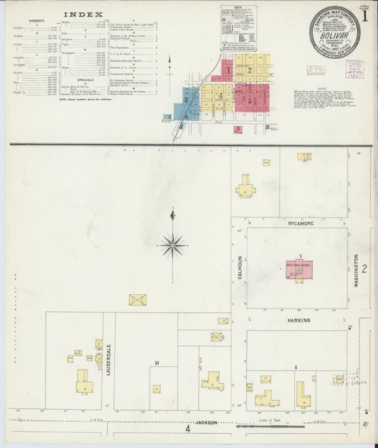 Sanborn Fire Insurance Map from Bolivar, Hardeman County, Tennessee (1907), Sheet #0001 - Historic Sanborn Fire Insurance Map Print, vintage old map wall art, antique decor, genealogy gift, Tennessee Tennessee map