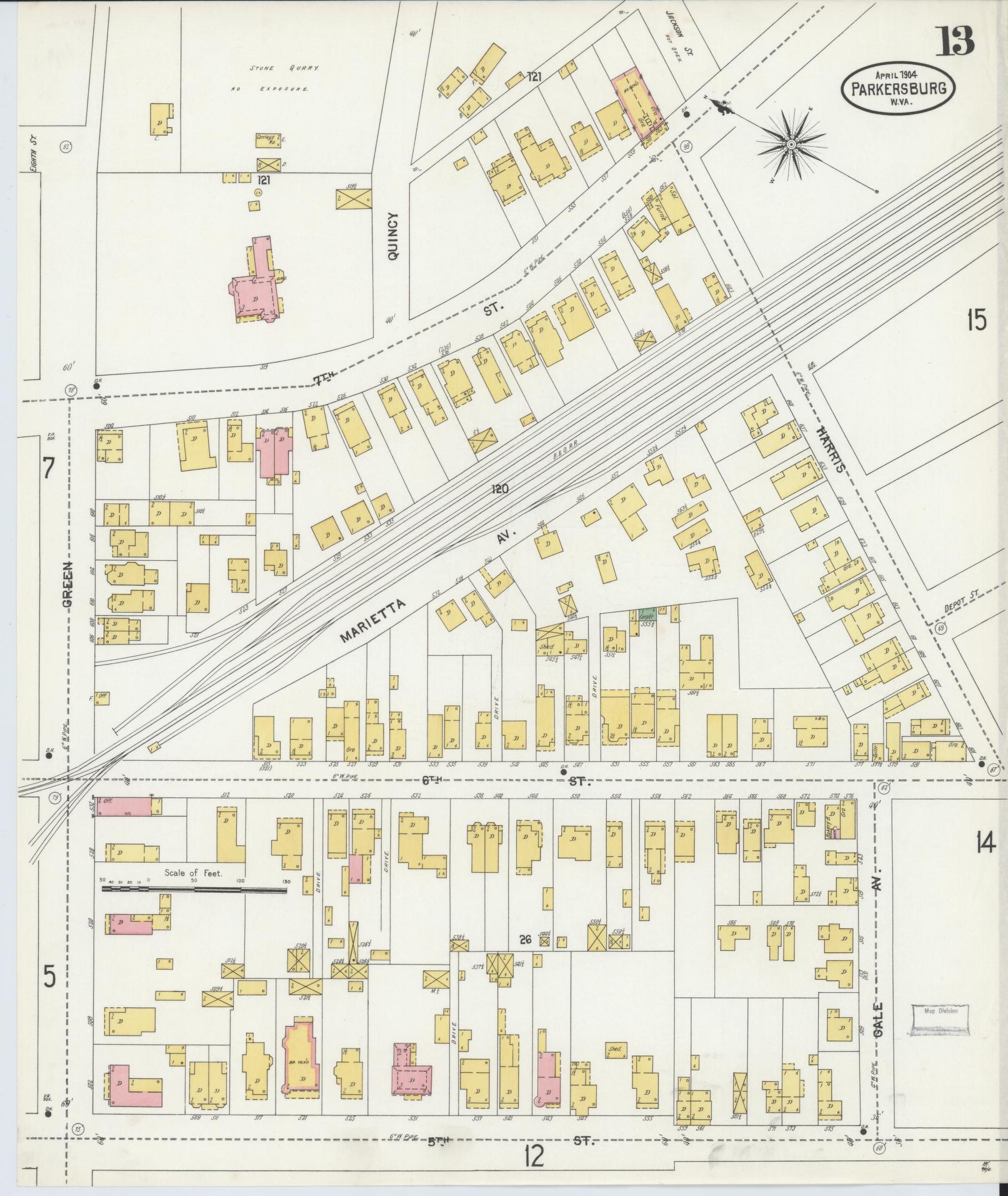 Sanborn Fire Insurance Map from Parkersburg, Wood County, West Virginia (1904), Sheet #0013 - Historic Sanborn Fire Insurance Map Print, vintage old map wall art, antique decor, genealogy gift, West Virginia West Virginia map